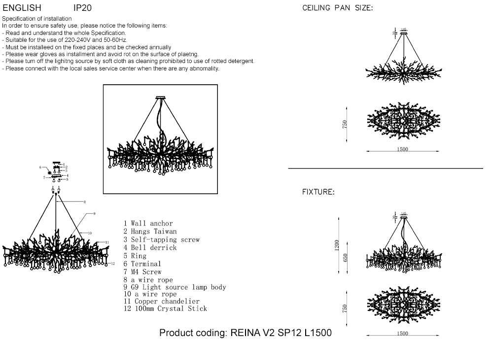 подвесная люстра crystal lux reina v2 sp12 l1500 silver patina