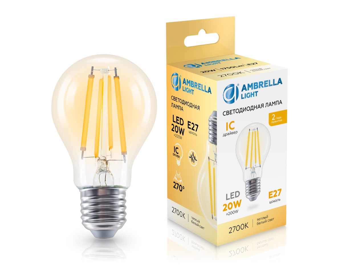 филаментная светодиодная лампа ambrella light bulbing e27 20w 2700k 602013