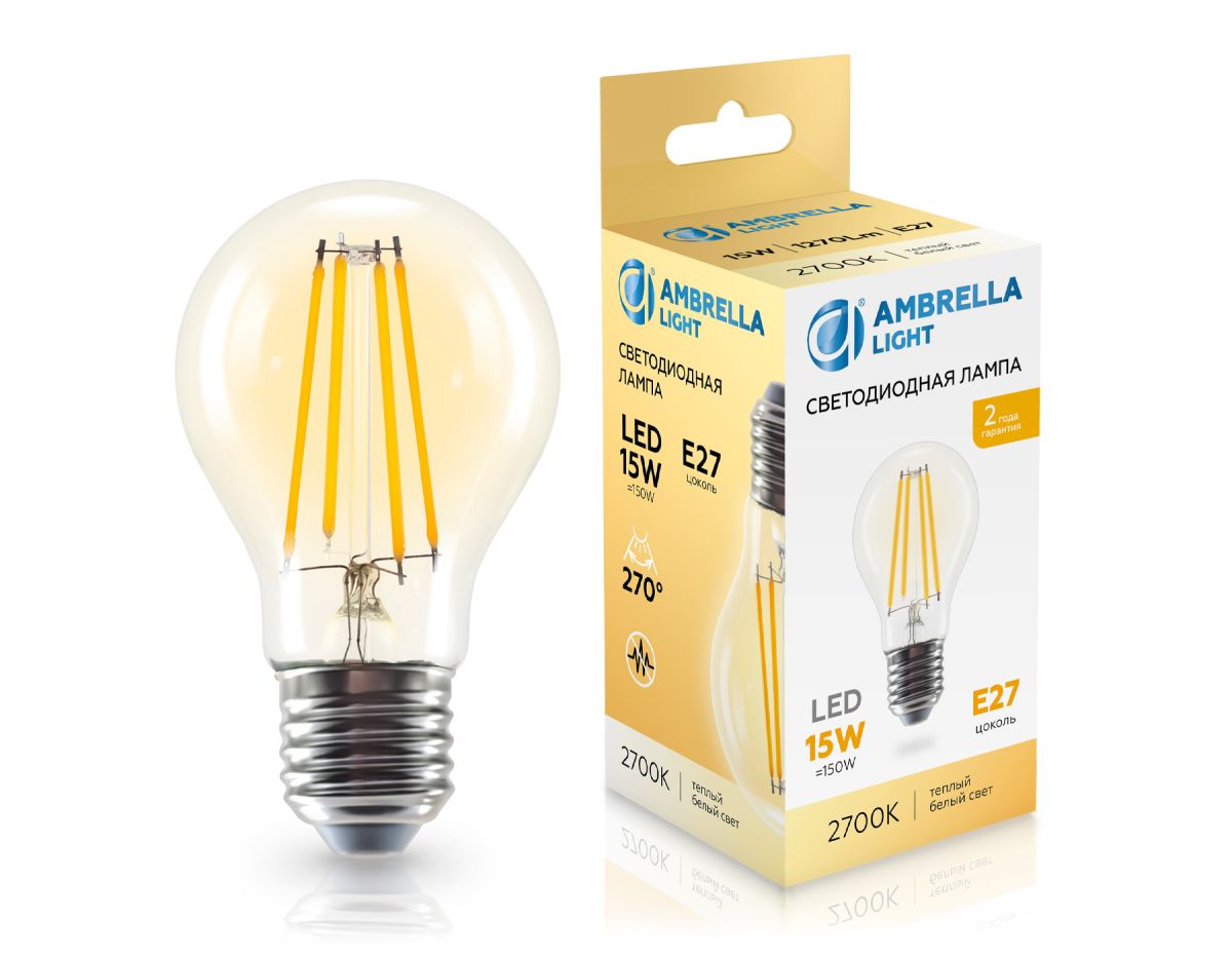 филаментная светодиодная лампа ambrella light bulbing e27 15w 2700k 601513
