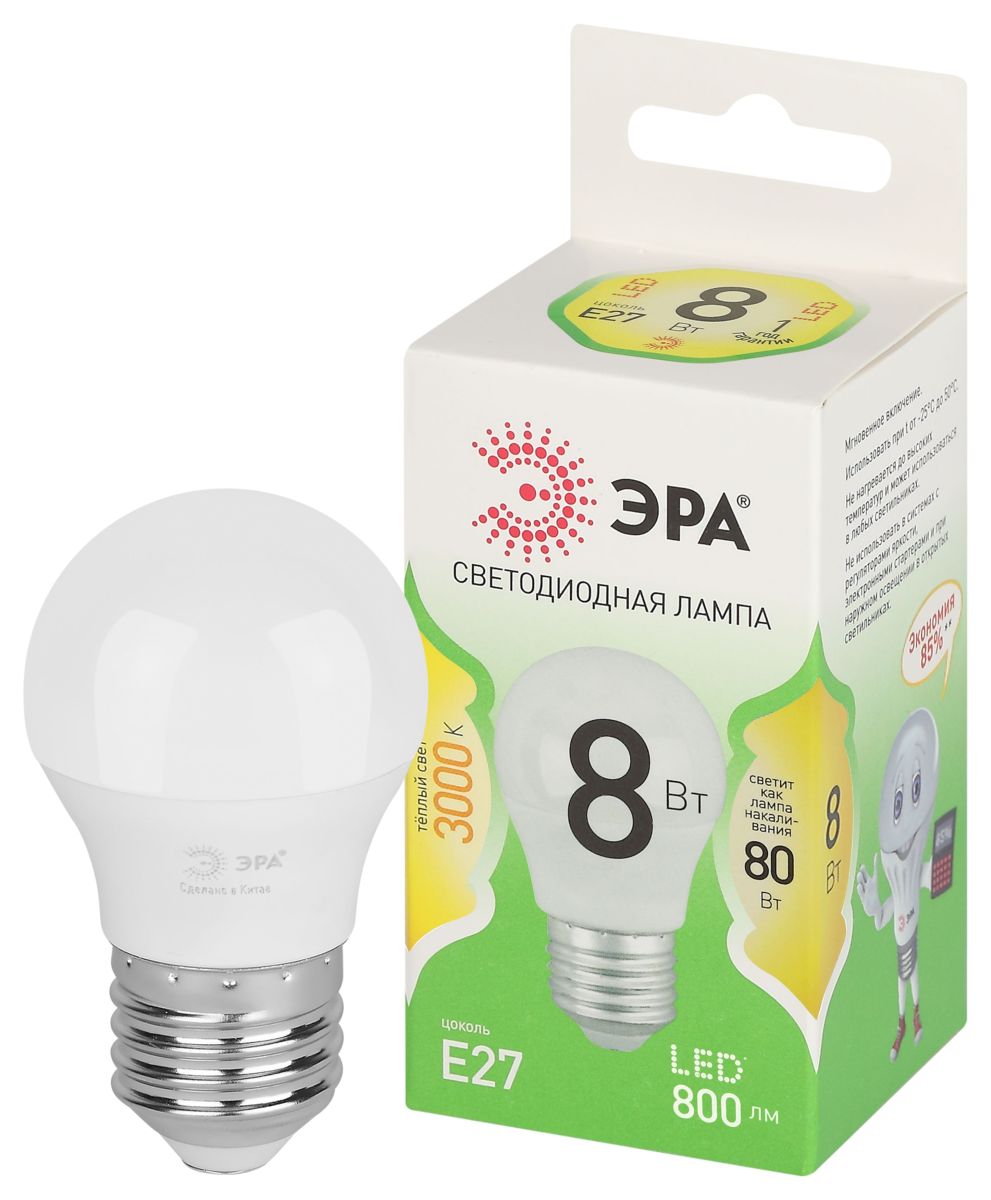 светодиодная лампа эра led p45-8w-830-e27 gl б0067023