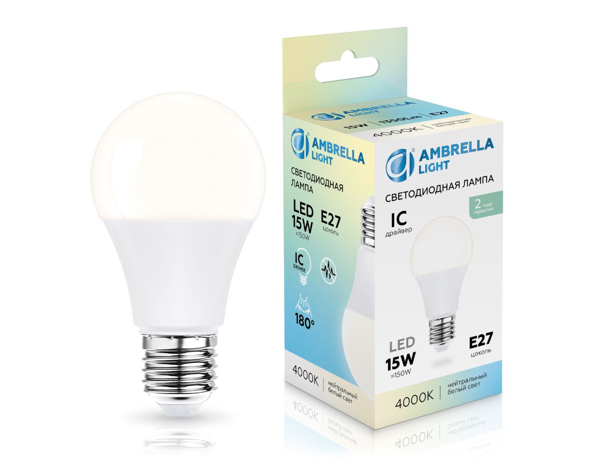 светодиодная лампа ambrella light bulbing e27 15w 4000k 601504