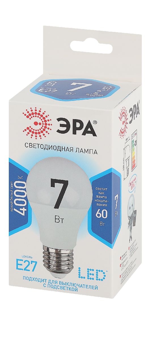 лампа светодиодная эра e27 7w 4000k led a60-7w-840-e27 б0029820