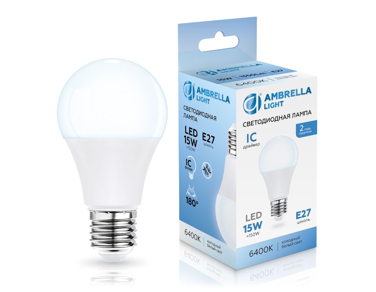 светодиодная лампа ambrella light bulbing e27 15w 6400k 601506