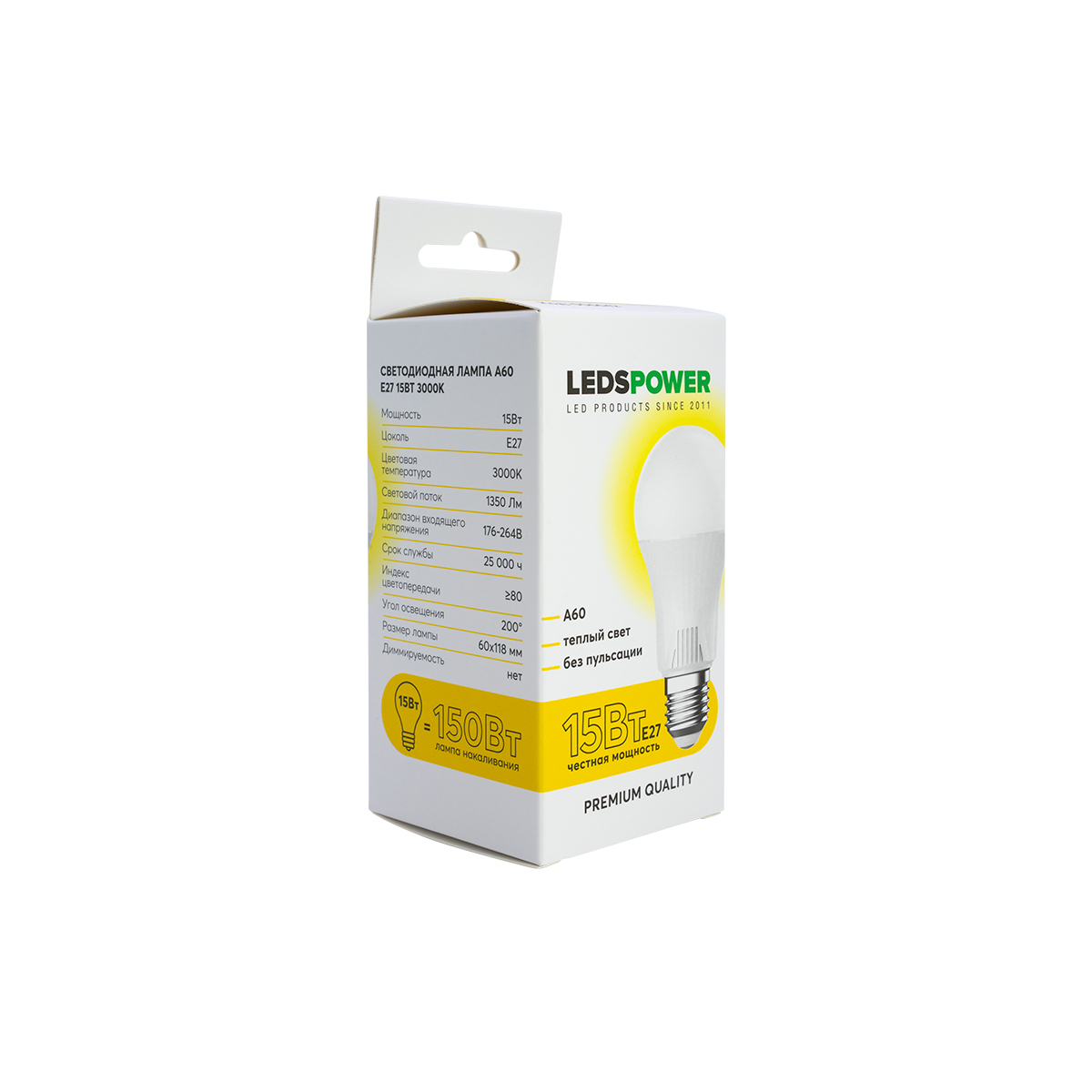 светодиодная лампа leds power a60 e27 15вт 3000к 006642