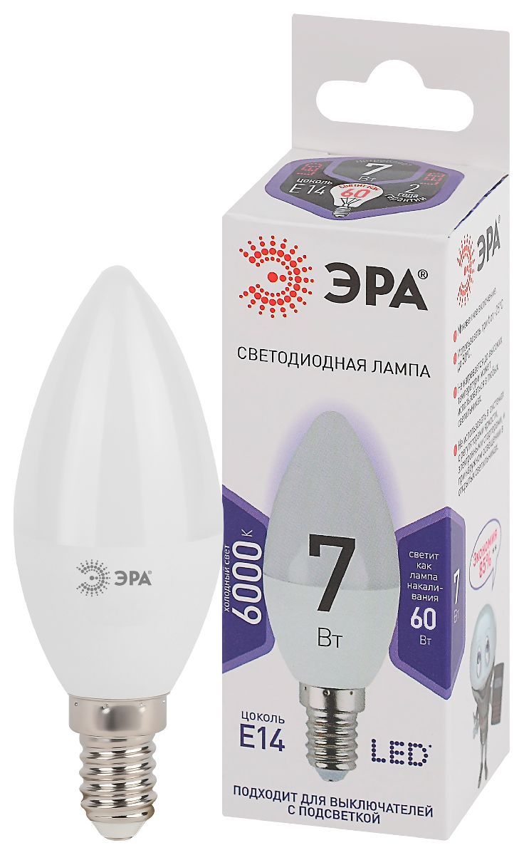 лампа светодиодная эра e14 7w 6000k led b35-7w-860-e14 б0031400