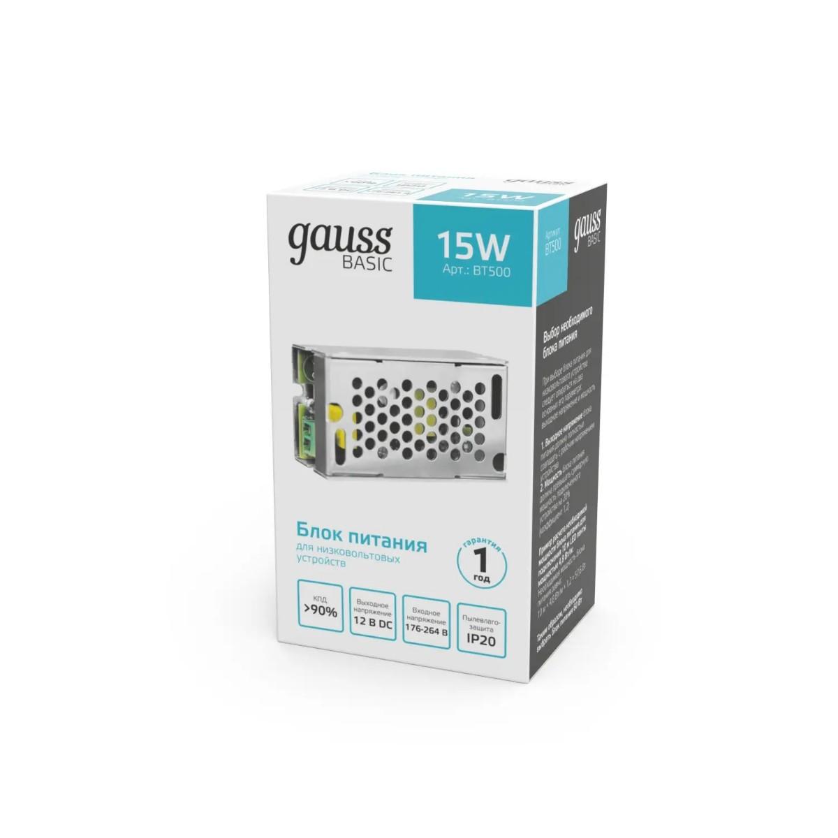 блок питания gauss 15w 12v ip20 bt500
