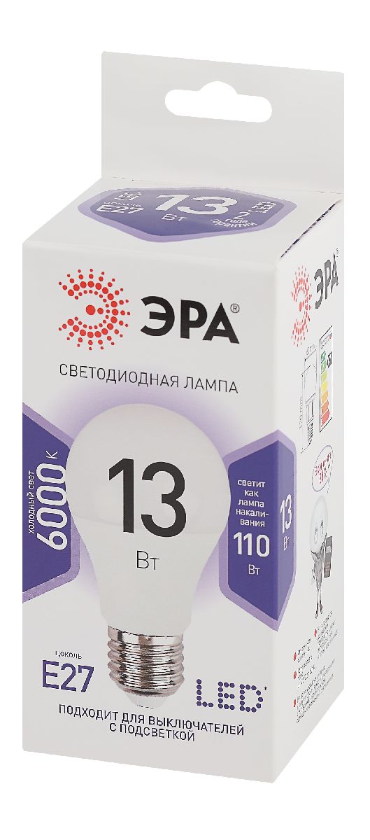 лампа светодиодная эра e27 13w 6000k led a60-13w-860-e27 б0031395