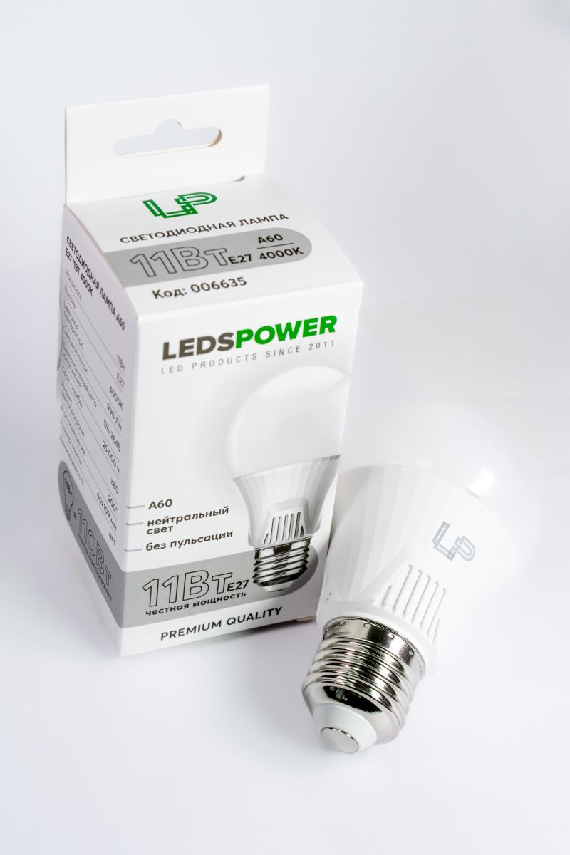 светодиодная лампа leds power a60 e27 11вт 4000к 006635