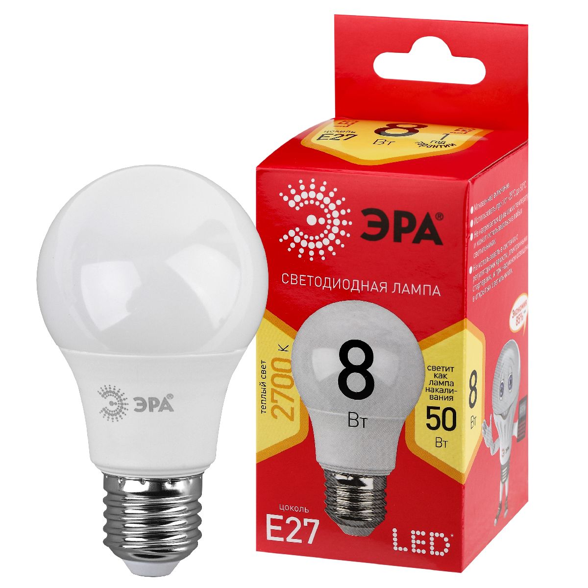 лампа светодиодная эра e27 8w 2700k led a55-8w-827-e27 r б0052659