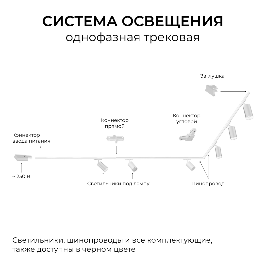 шинопровод однофазный накладной/подвесной apeyron в комплекте крепёж, токоввод, заглушка r45-05