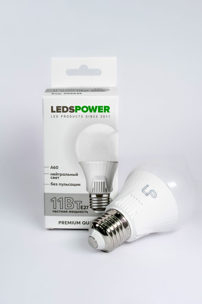 светодиодная лампа leds power a60 e27 11вт 4000к 006635