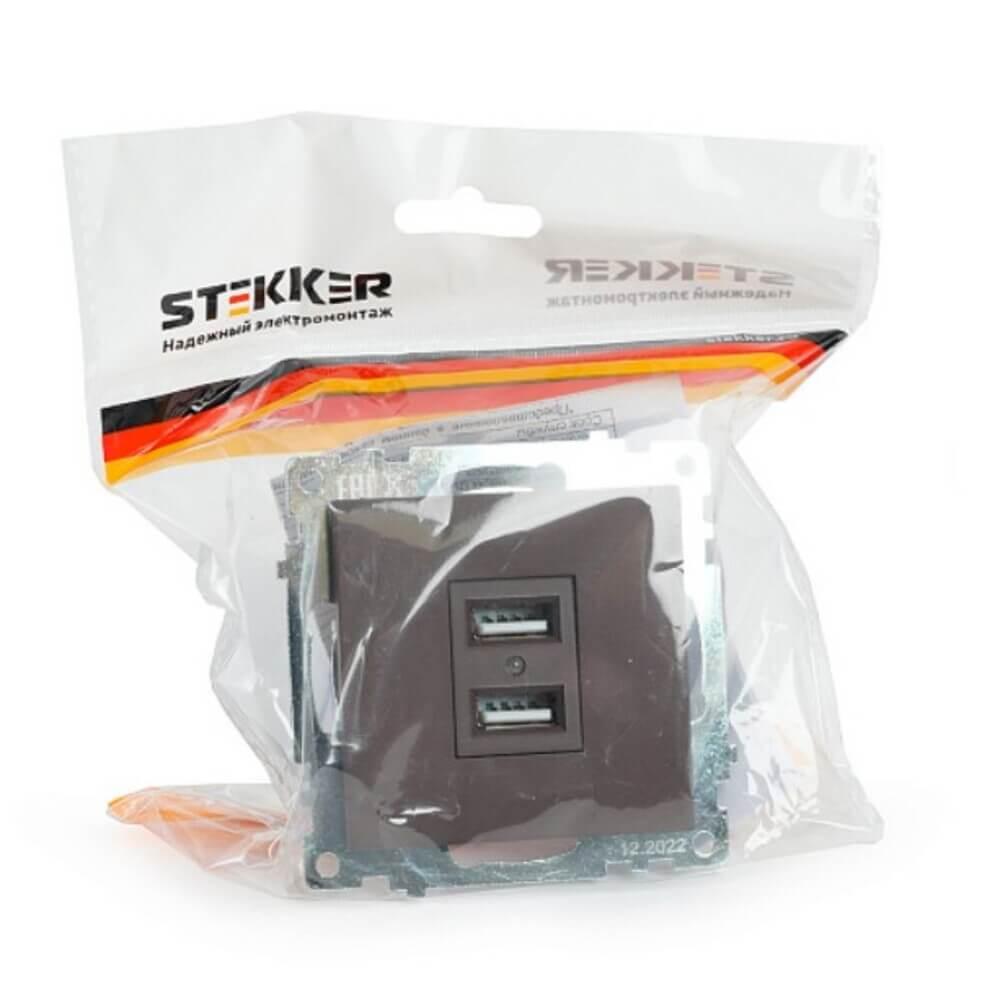 розетка двухместная usb stekker катрин шоколад gls10-7115-04 49027