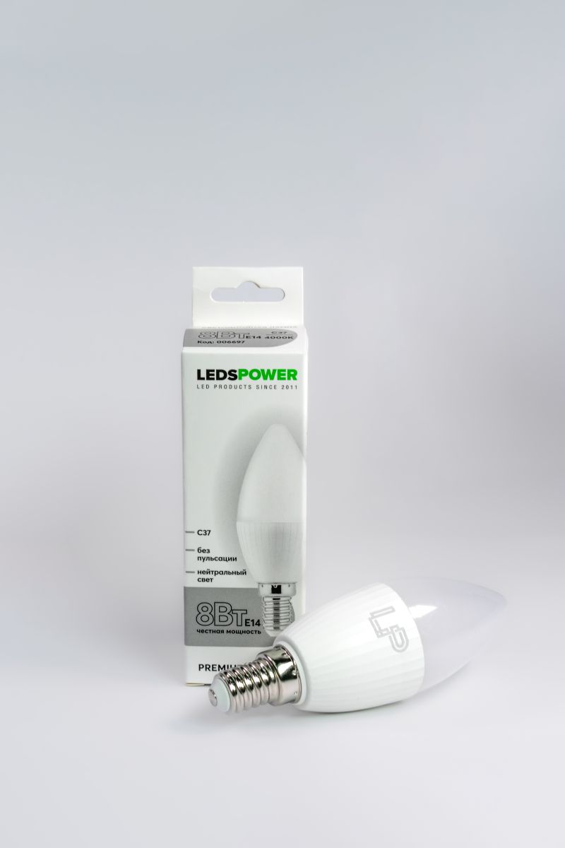 светодиодная лампа leds power c37 e14 8вт 4000к 006697