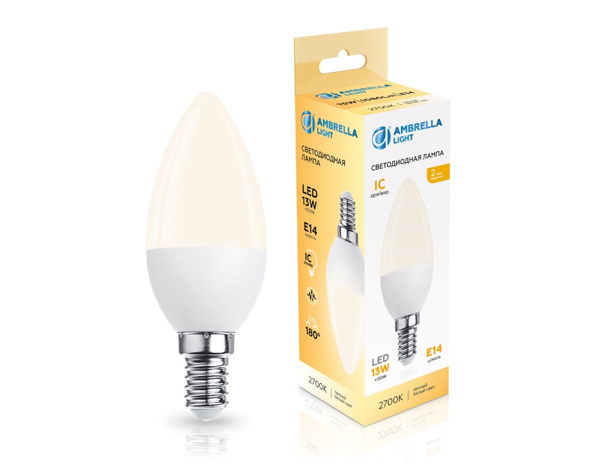 светодиодная лампа ambrella light bulbing e14 13w 2700k свеча 371313