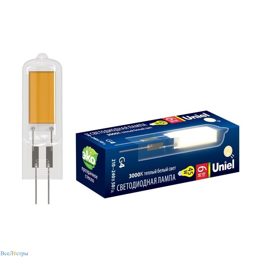 Лампа светодиодная Uniel G4 6W 3000K прозрачная LED-JC-220/6W/3000K/G4/CL  GLZ08TR UL-00005065 - купить за 154.00 руб в магазине ВсеЛюстры -  официальный сайт дилера Uniel