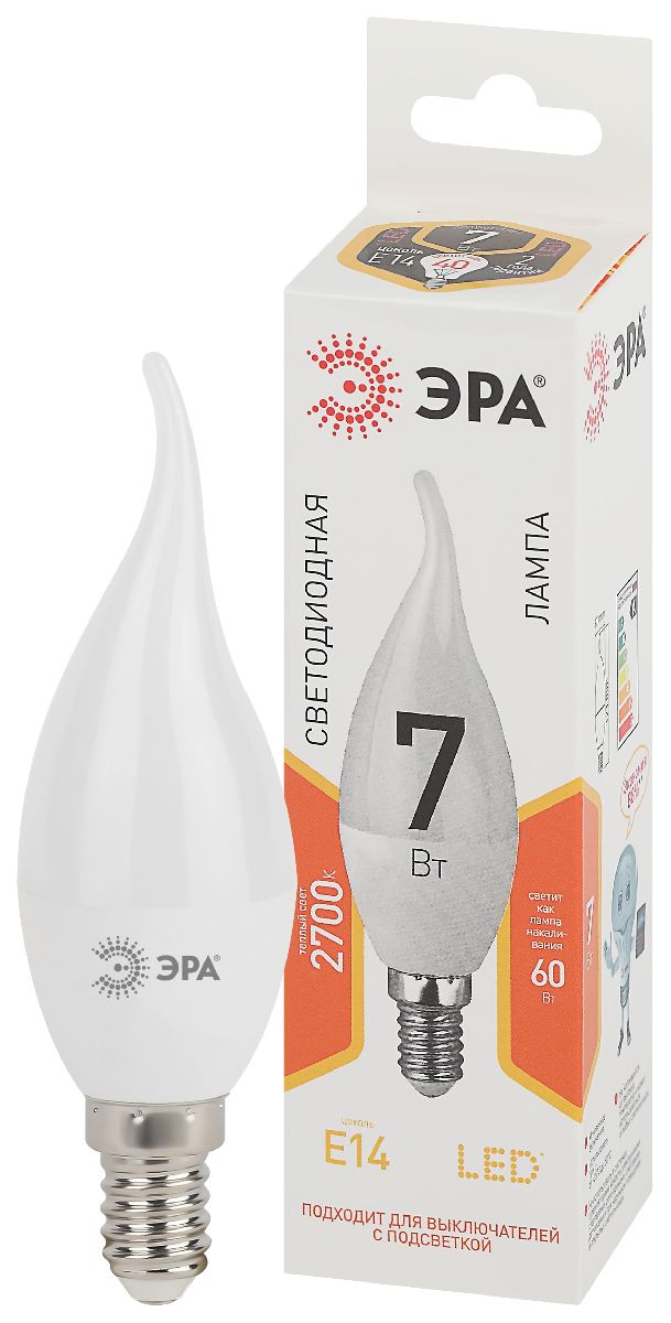 лампа светодиодная эра e14 7w 2700k led bxs-7w-827-e14 б0028482