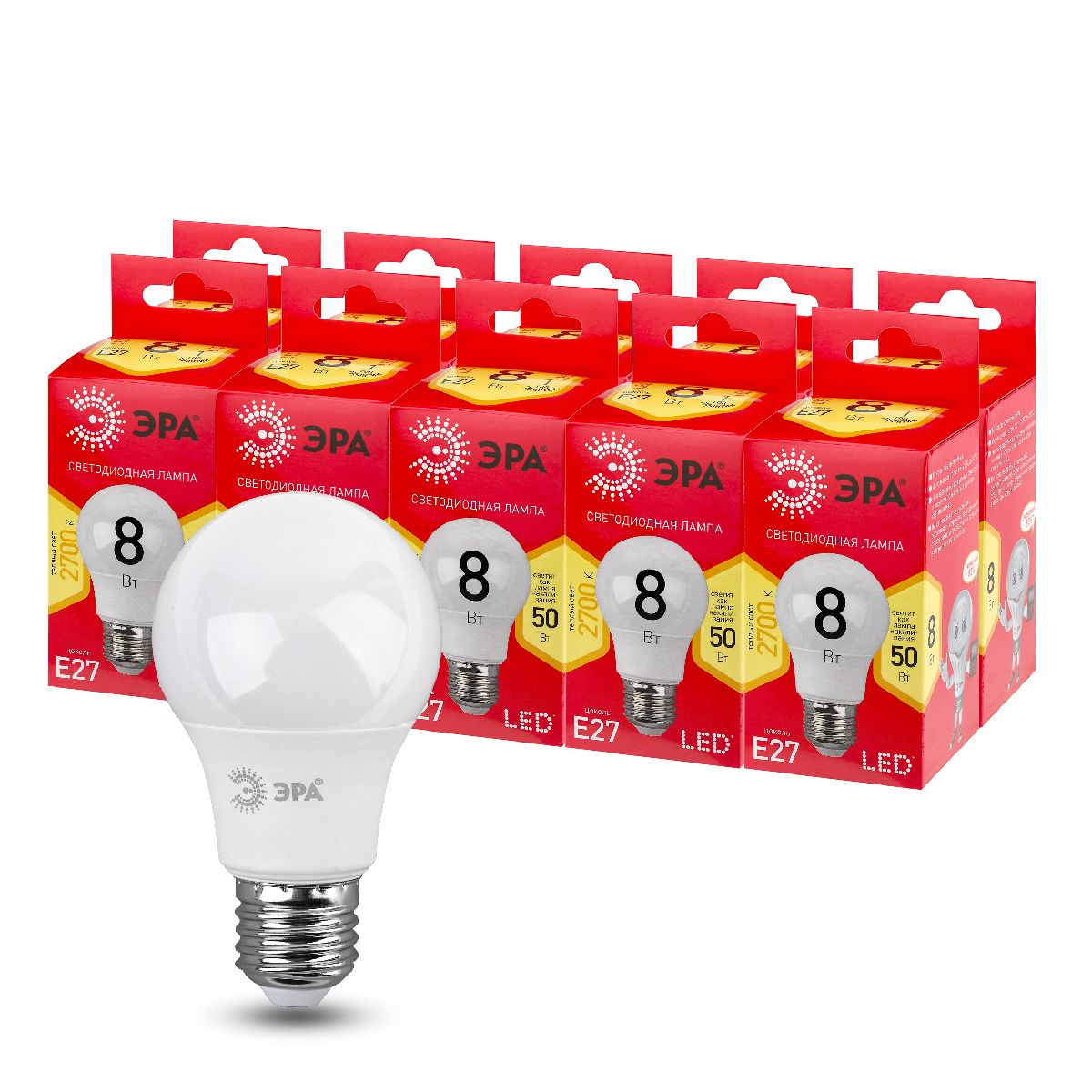 лампа светодиодная эра e27 8w 2700k led a55-8w-827-e27 r б0052659