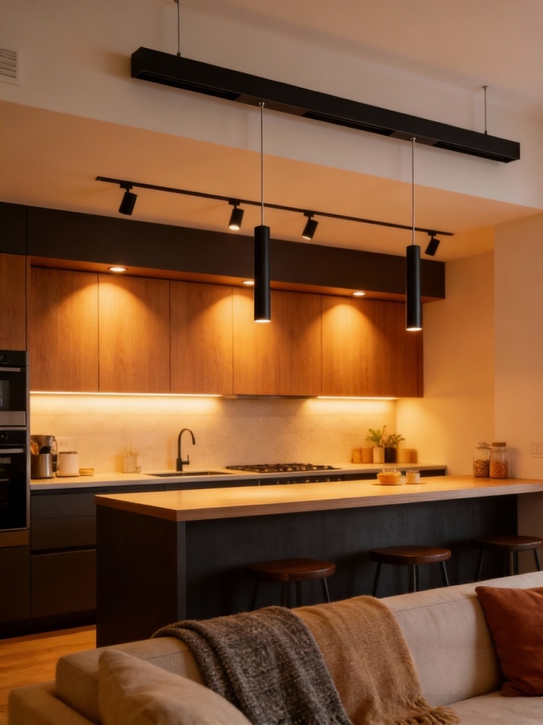 трековые светильники над барной стойкой на кухне.jpeg