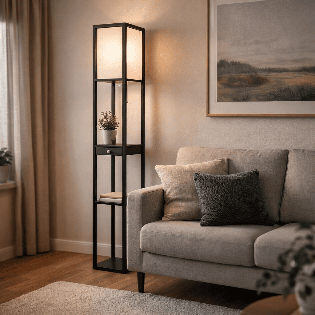 современный торшер с полками в гостиной у дивана.png