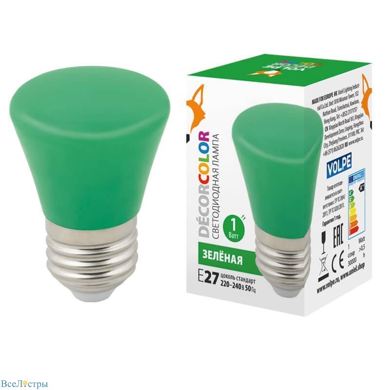 лампа светодиодная volpe e27 1w зеленая led-d45-1w/green/e27/fr/с bell ul-00005640